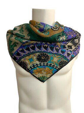 Vintage Style 100% Silk Scarf Hand Rolled Edges Patchwork Floral Geometric Print